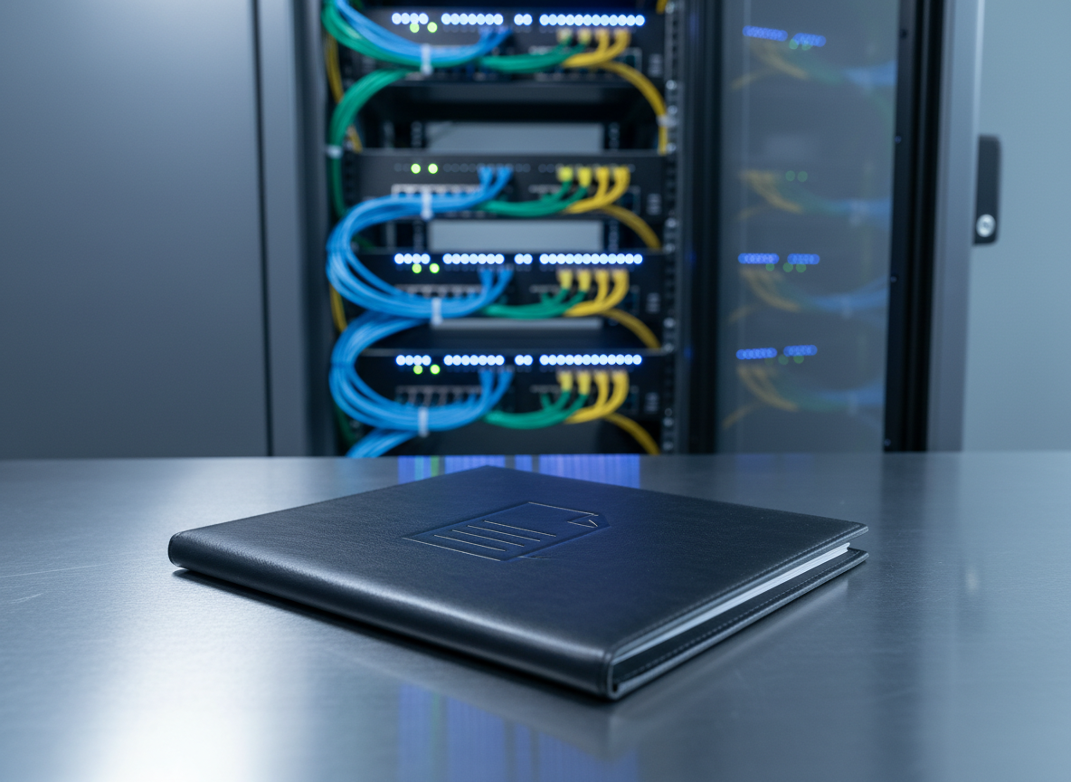 A secure, high-end server cabinet door partially open, revealing neatly arranged network cables and illuminated blue status LEDs, symbolizing the backend of a cloud-based document management system. In the foreground on a brushed metal surface sits a slim, closed folder embossed with a minimalist document icon, representing organized digital archives. Cool, controlled artificial lighting creates crisp reflections on the metal and emphasizes the glow of the server lights. Photographic realism, low-angle perspective, and strong depth of field highlight both the server and folder, creating a calm, dependable, and technologically advanced mood that aligns with professional SaaS document management for businesses.