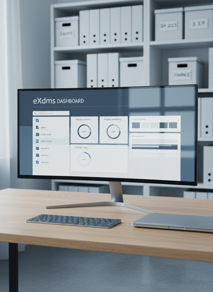 A sleek, ultra-wide computer monitor displaying a clean eXdms dashboard interface with neatly organized document folders, search filters, and status indicators in subtle blues and grays. The monitor stands on a minimalist light oak desk with a slim metal keyboard and a closed laptop beside it. In the background, softly blurred filing shelves and labeled archive boxes hint at traditional paper storage. Cool, diffused daylight from an unseen window casts gentle reflections on the screen and desk surface. Photographic realism, shot at eye level with a slight angle, balanced composition, and shallow depth of field, creating a professional, orderly, and efficient atmosphere suitable for a modern DMS support portal.