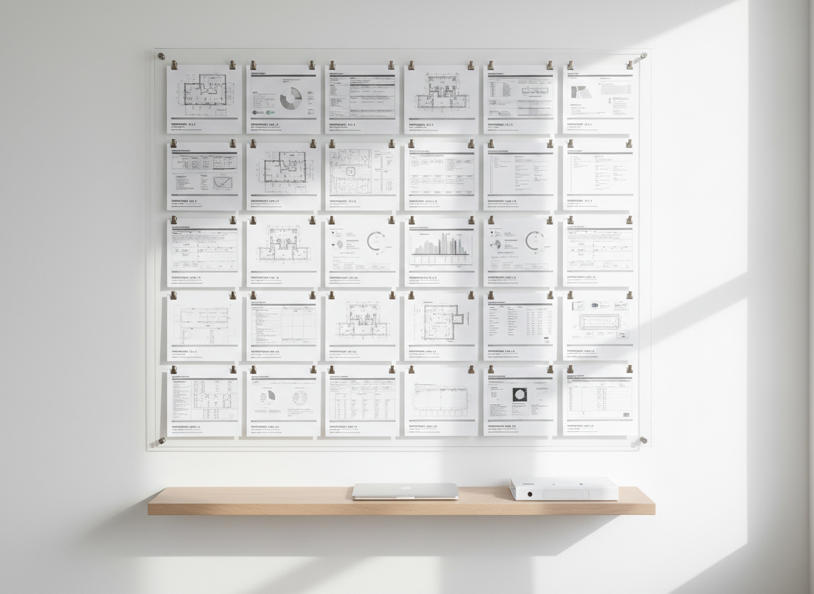 A clean white wall with a large, frameless glass board covered in neatly arranged printed documents, each secured with uniform metallic clips and labeled with small, consistent tags for version, status, and department. Beneath the board, a floating shelf in light ash wood holds a closed ultrabook and a single, slim ring binder. Soft, diffused daylight from the right creates gentle, elongated shadows and a sense of calm order. Shot straight-on with photographic realism and symmetrical composition, everything in sharp focus. The scene evokes structured workflows, transparent document lifecycles, and a professional, audit-ready organization, reflecting core benefits of a DMS solution for SMEs.