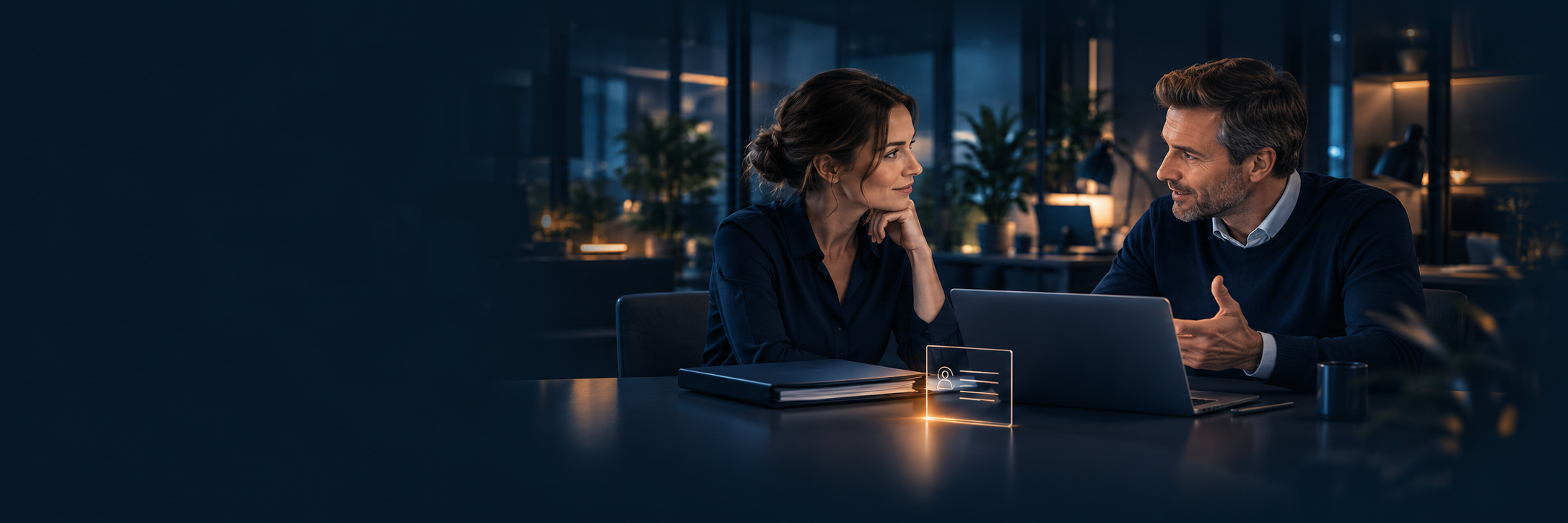 Zwei Ansprechpartner besprechen Unternehmensunterlagen am Laptop.